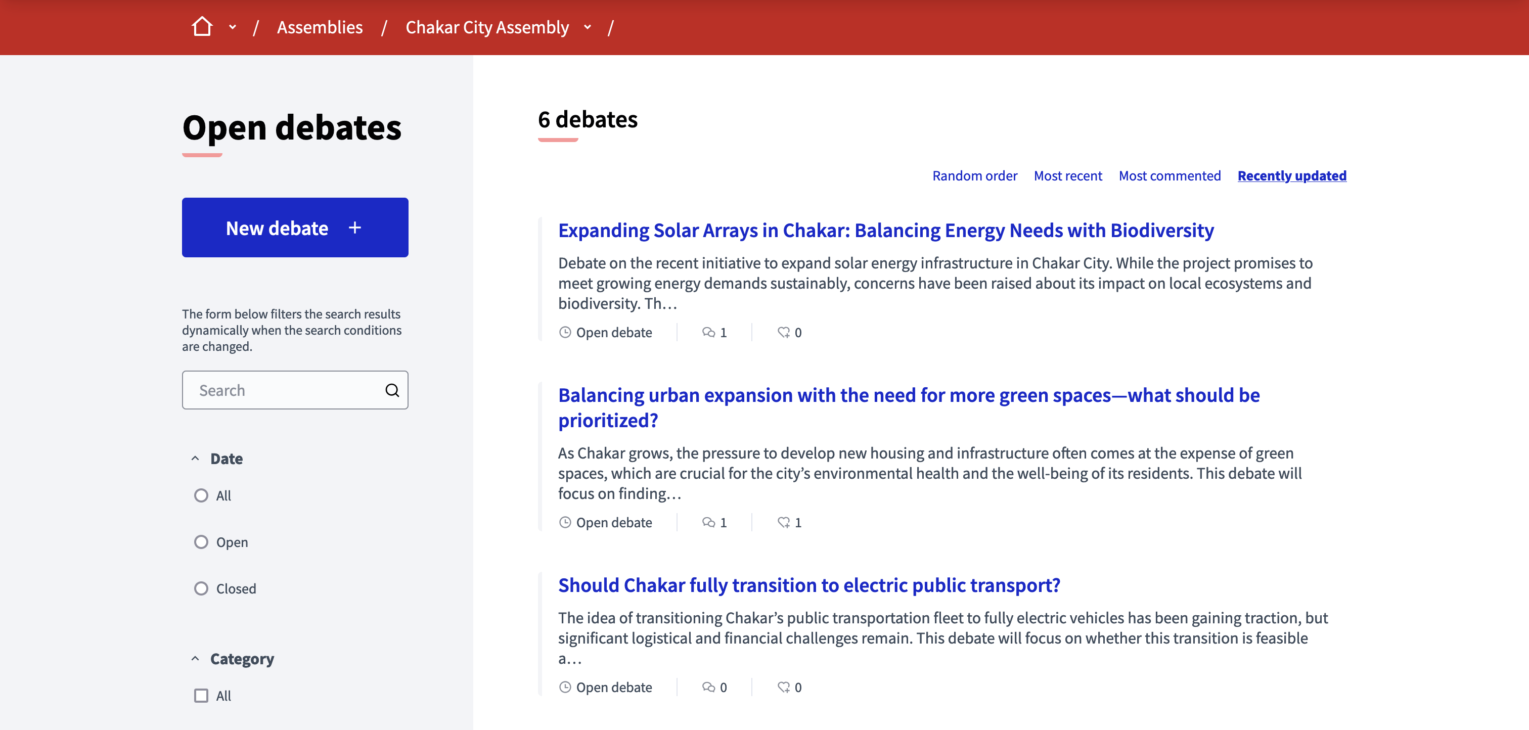 Debates listing example