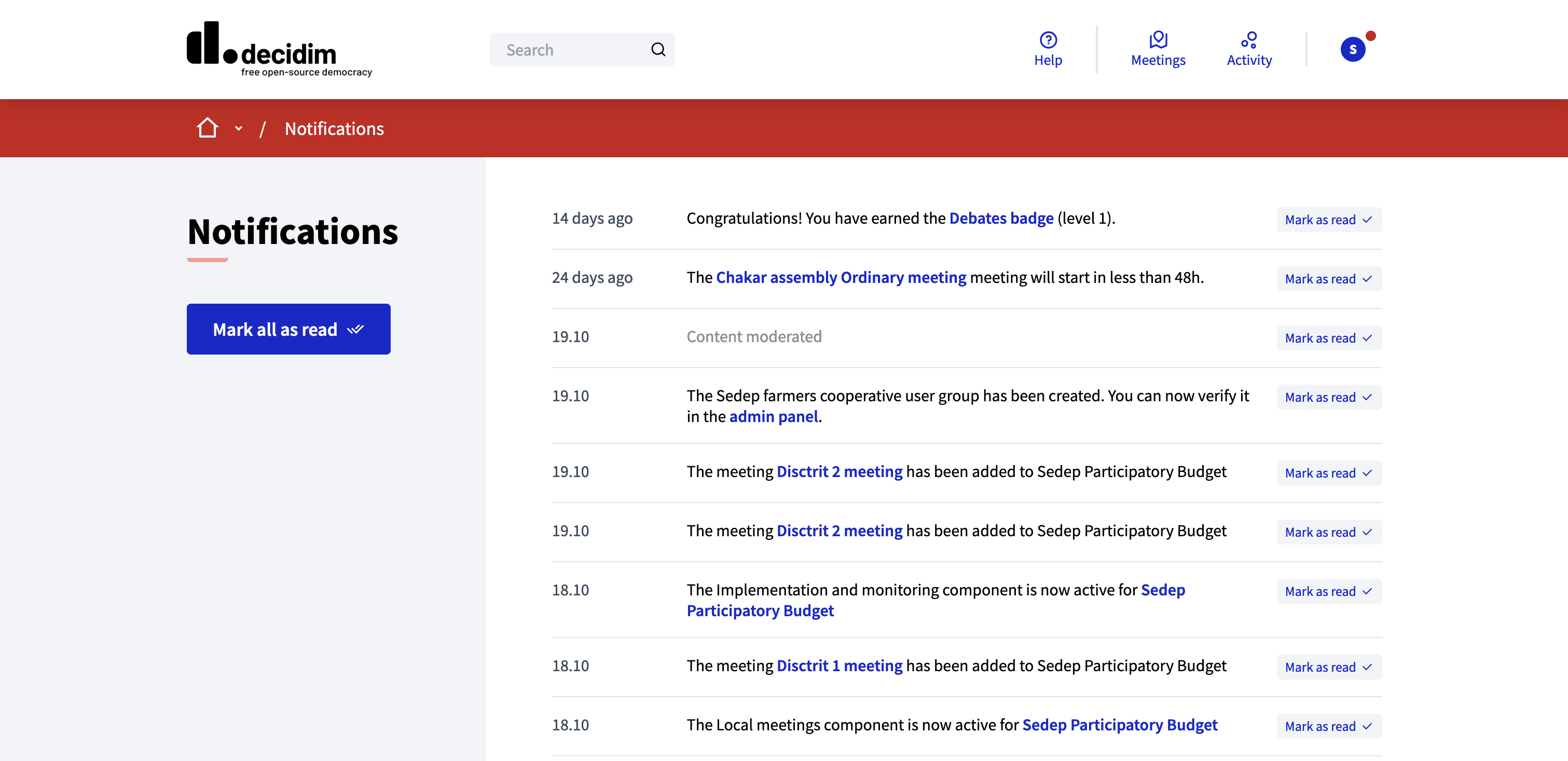 Exemple de page de notifications lorsqu’il y a des notifications