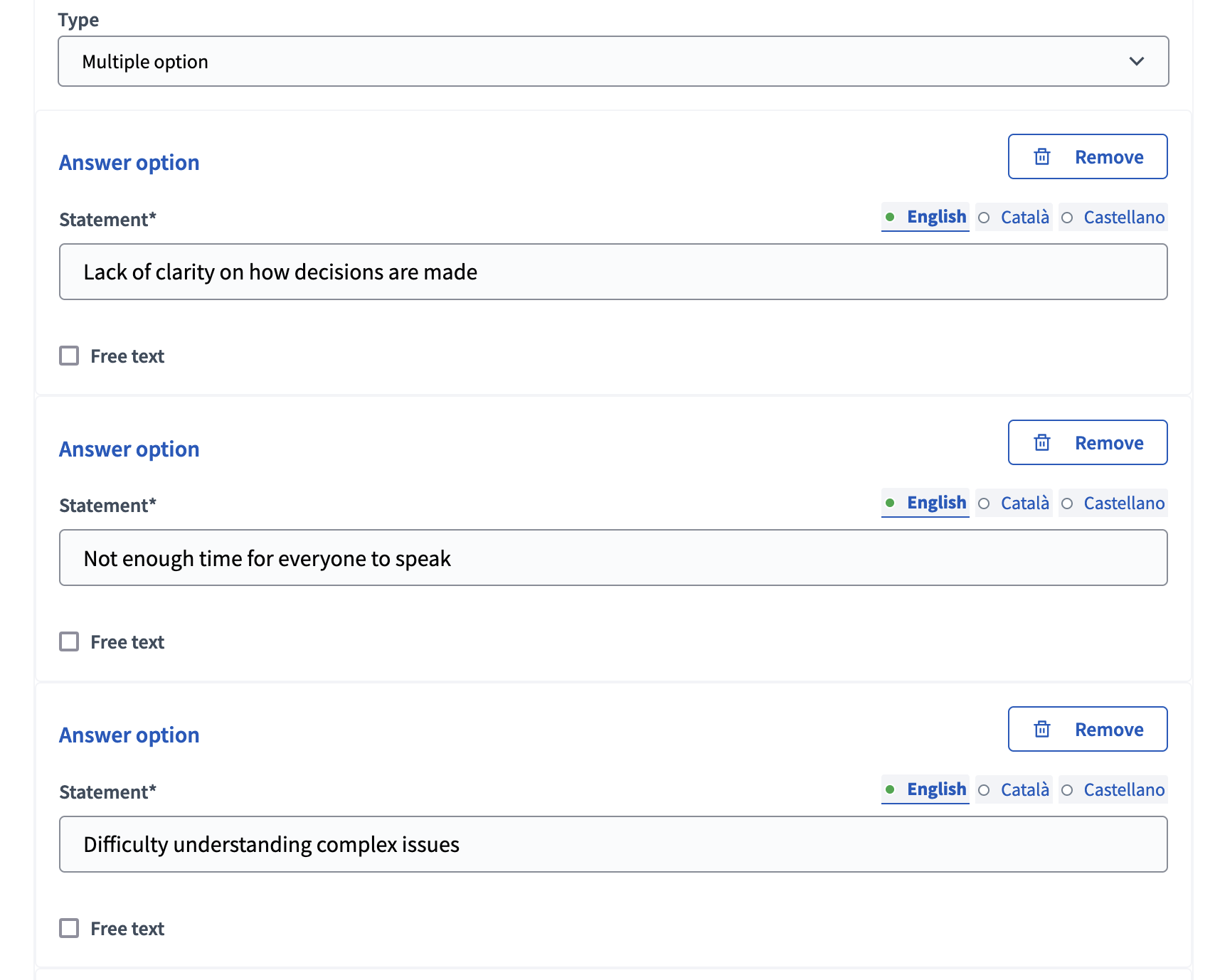 Múltiplas opções - backend