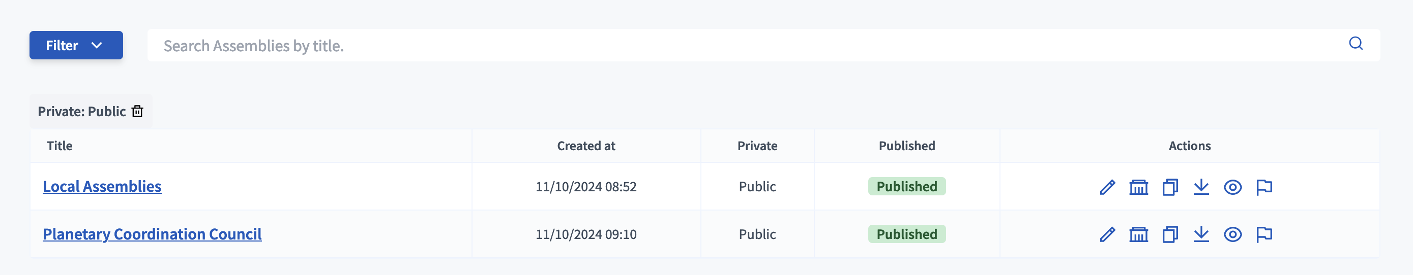 Assemblies list filtered